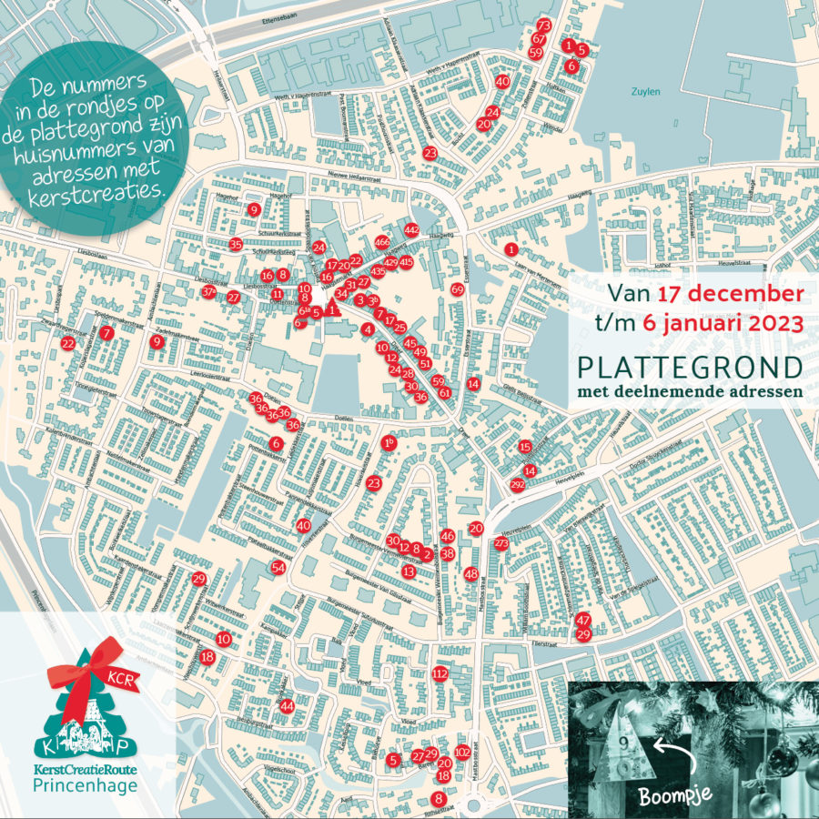 plattegrond van princenhage met de adressen die deelnemen aan KerstCreatieRoute 2022