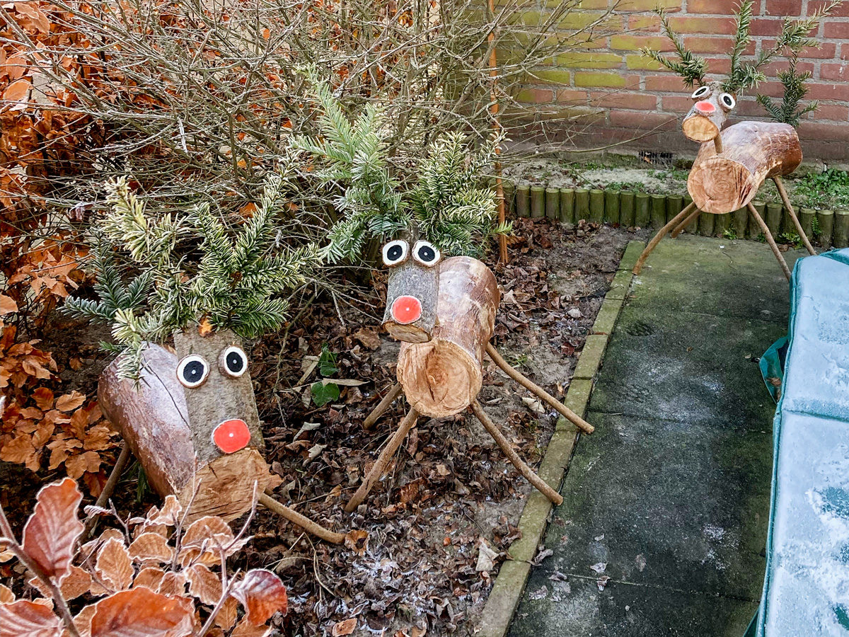 Hertjes gemaakt van boomstammen met kerstboomtakken als gewei