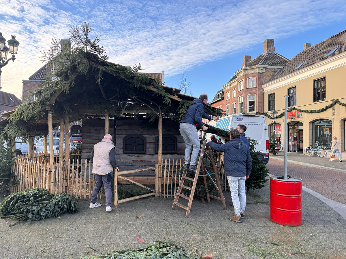 De kerstbomen worden vastgemaakt aan de kerststal. Xander staat op een ladder. Ruud en Hans houden de ladder vast.