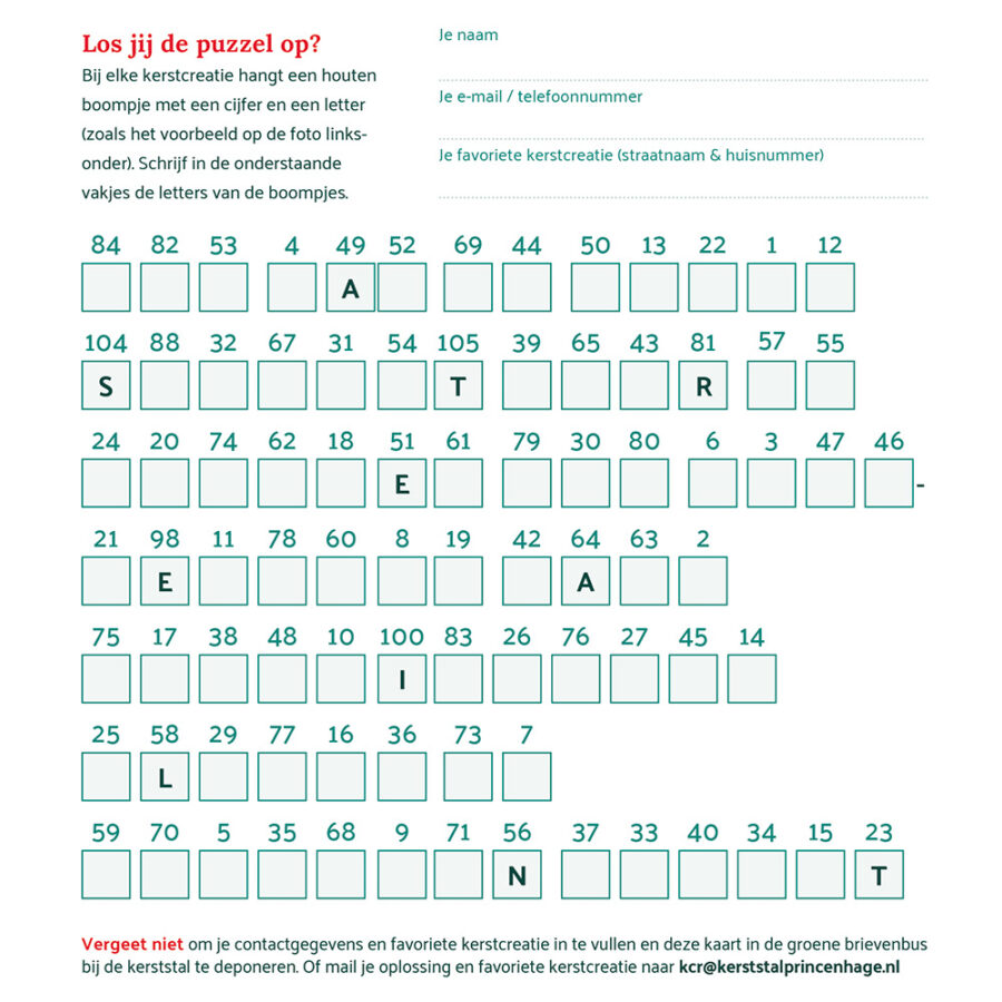 invulvelden van de slagzin op de plattegrond KerstCreatieRoute 2025