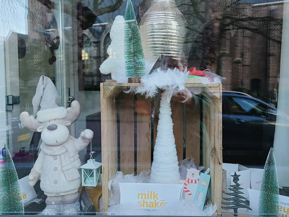 knuffeldieren met een houten kistje achter een raam