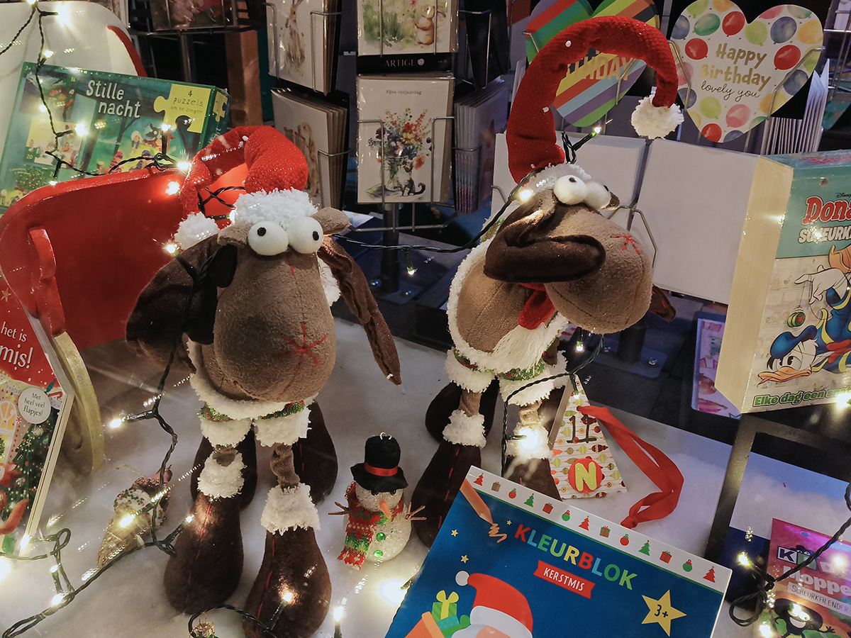 etalage met 2 rendierknuffels