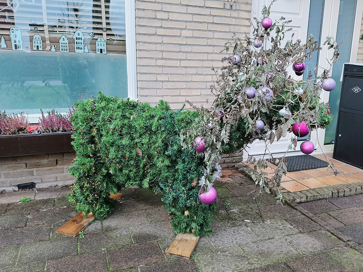 rendier gemaakt van kerstboomtakken